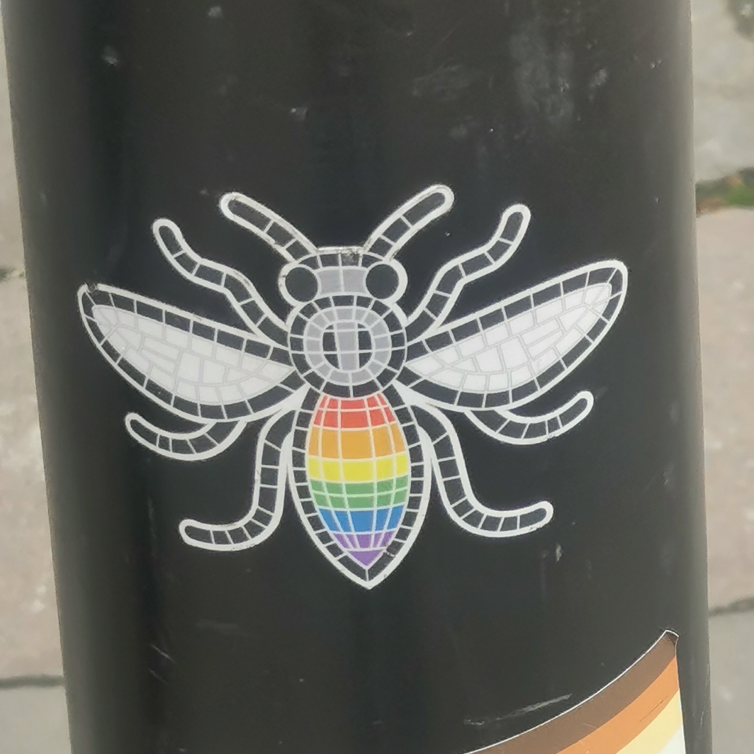 Rainbow bee on bollard on Canal Street