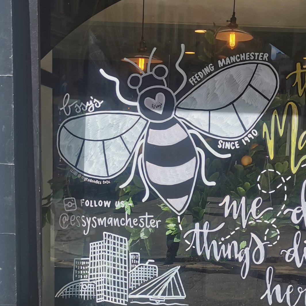 Bee in window at Essy's cafe, King Street West