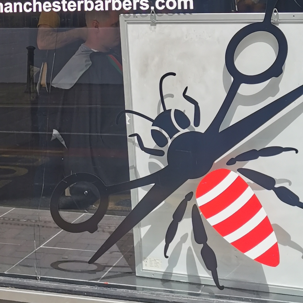 Bee in window at Manchester Barbers, Bridge Street
