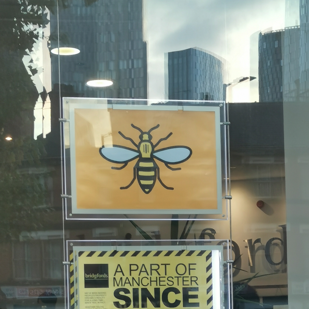 Manchester bee in window at Bridgfords, Hacienda building 