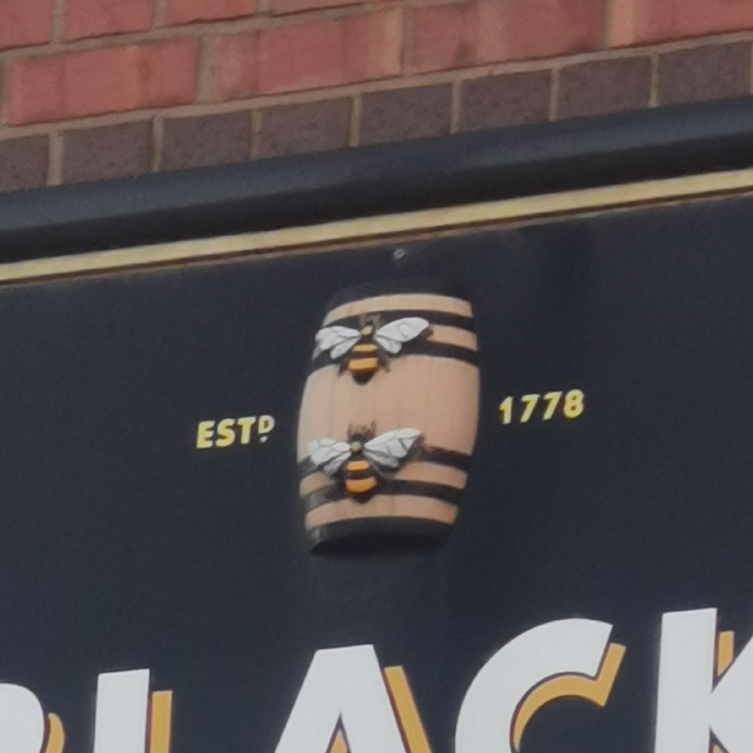 Close up of bees on sign at the Black Friar pub, Blackfriars Road, Salford