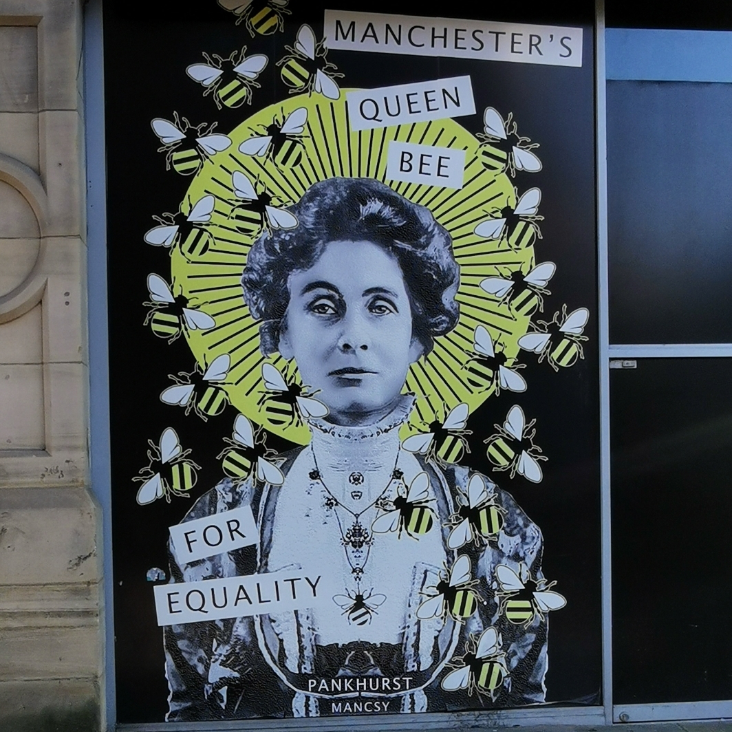 Manchester's Queen Bee for Equality, Emmeline Pankhurst mural by Manksy, Cathedral Street