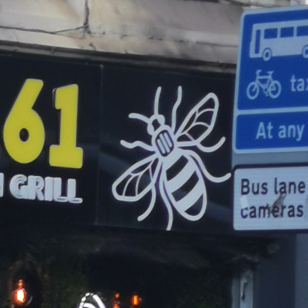 Bee on sign at 0161 Flamin Grill, Portland Street