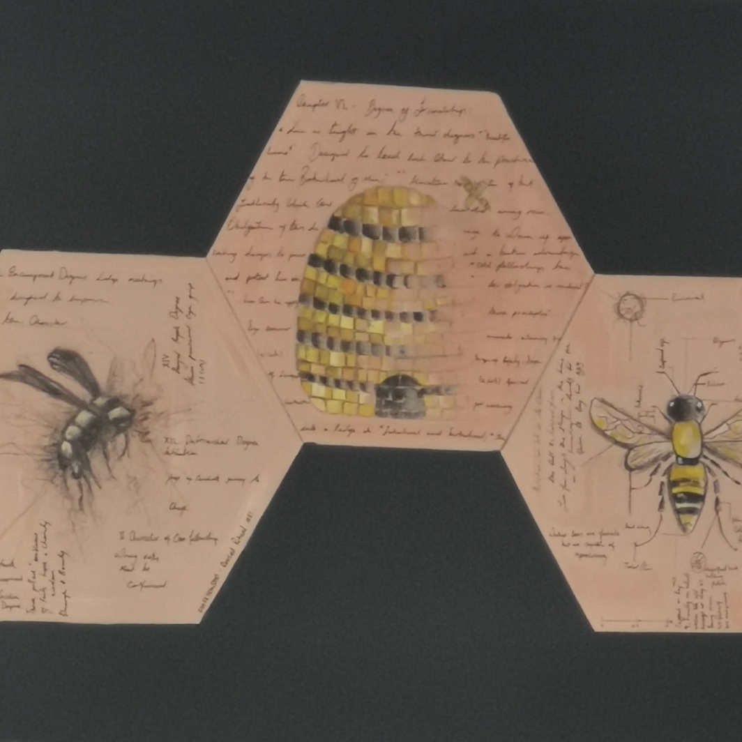 Close up of picture of bees and beehive, inside Oddfellows Hall, Grosvenor Street